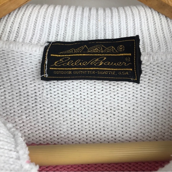 VTG Eddie Bauer Short Sleeve Sweater Made in USA Pink Stripe Half Button - Picture 3 of 14